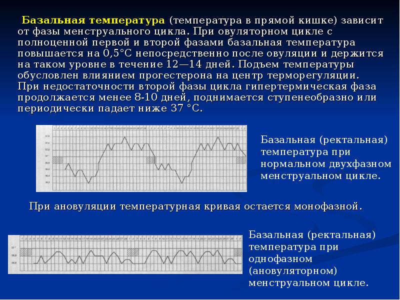 Базальная температура (температура в прямой кишке) зависит от фазы менструального цикла.
