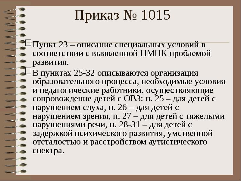 Приказ № 1015 Пункт 23 – описание специальных условий в соответствии