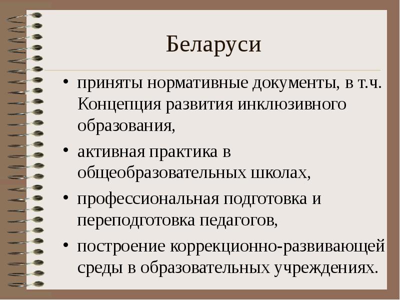 Беларуси приняты нормативные документы, в т.ч. Концепция развития инклюзивного образования, активная