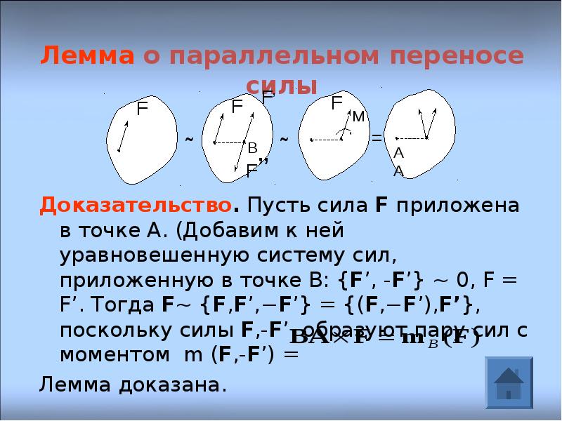 При приложенной силе перемещение. Лемма Пуансо о параллельном переносе сил. Теорема Пуансо о параллельном переносе сил. Приведение к точке системы сил. Теорема о параллельном переносе силы.