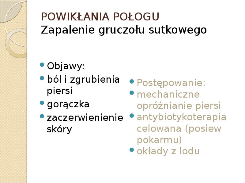 POWIKŁANIA POŁOGU Zapalenie gruczołu sutkowego Objawy: ból i zgrubienia piersi gorączka