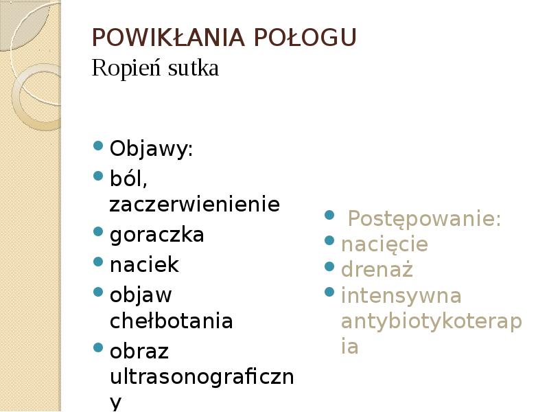 POWIKŁANIA POŁOGU Ropień sutka Objawy: ból, zaczerwienienie goraczka naciek objaw chełbotania