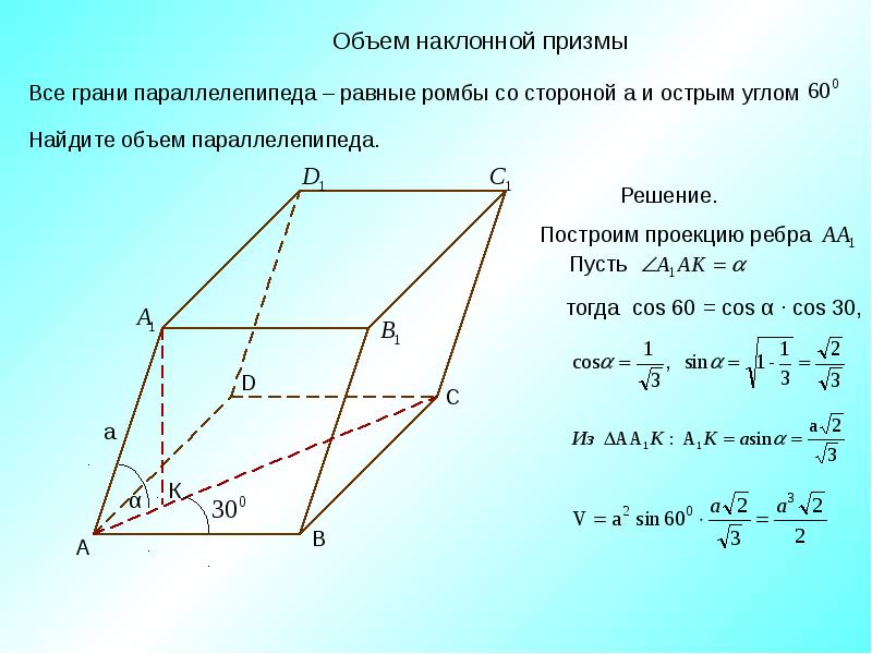 Объем параллелепипеда равен 60 найти объем. Грани наклонного параллелепипеда ромбы со стороной а. Грани параллелепипеда равные ромбы со стороной а. Объем наклонного параллелепипеда формула 11 класс. Наклонная Призма задачи с решениями.