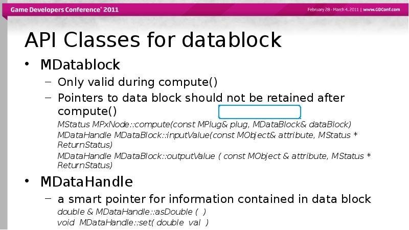 API Classes for datablock
MDatablock
Only valid during compute()
Pointers to API Classes for datablock
MDatablock
Only valid during compute()
Pointers to