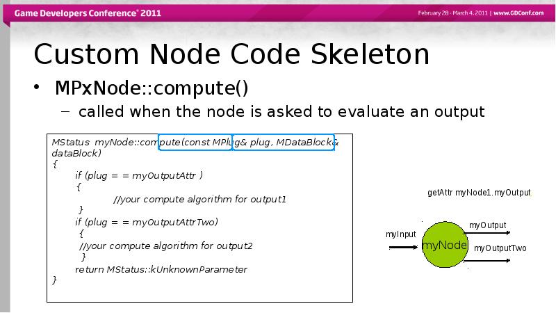 Custom Node Code Skeleton
MPxNode::compute()
called when the node is asked Custom Node Code Skeleton
MPxNode::compute()
called when the node is asked