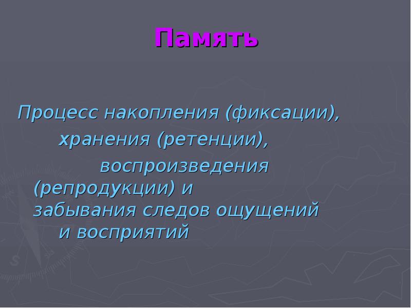 Психический процесс накопления хранения и воспроизведения прошлого. Память фиксация хранение воспроизведение.