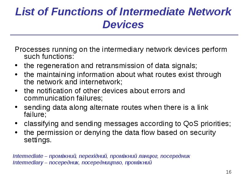List of Functions of Intermediate Network Devices
Processes running on the List of Functions of Intermediate Network Devices
Processes running on the