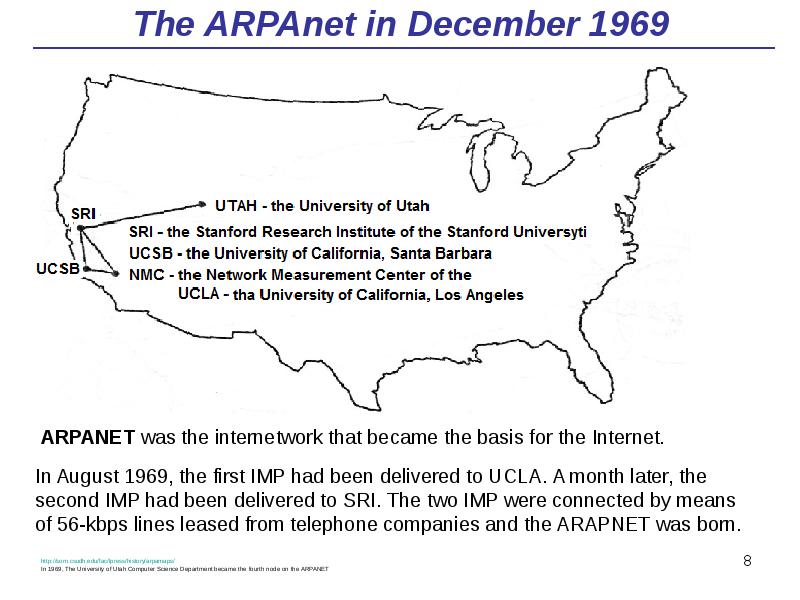 The ARPAnet in December 1969
http://som.csudh.edu/fac/lpress/history/arpamaps/
In 1969, The University of The ARPAnet in December 1969
http://som.csudh.edu/fac/lpress/history/arpamaps/
In 1969, The University of