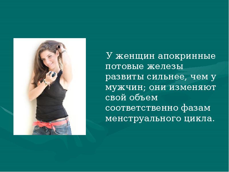 У женщин апокринные потовые железы развиты сильнее, чем у мужчин; они У женщин апокринные потовые железы развиты сильнее, чем у мужчин; они