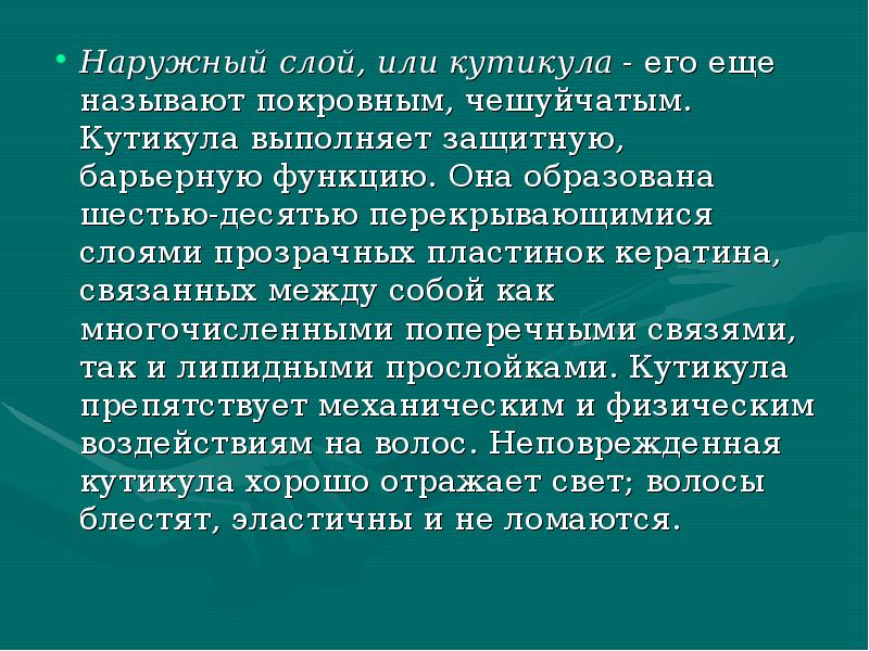 Наружный слой, или кутикула - его еще называют покровным, чешуйчатым. Кутикула Наружный слой, или кутикула - его еще называют покровным, чешуйчатым. Кутикула