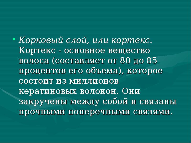 Корковый слой, или кортекс. Кортекс - основное вещество волоса (составляет от Корковый слой, или кортекс. Кортекс - основное вещество волоса (составляет от