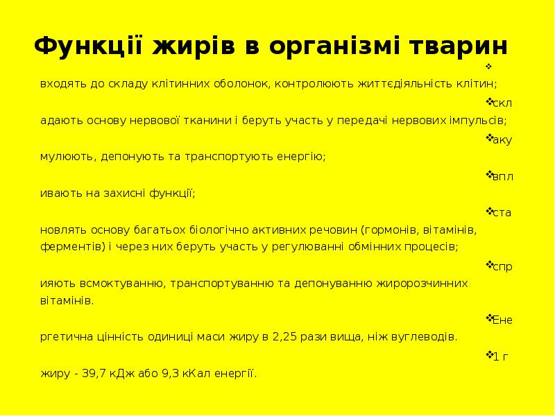Функції жирів в організмі тварин  входять до складу клітинних оболонок,