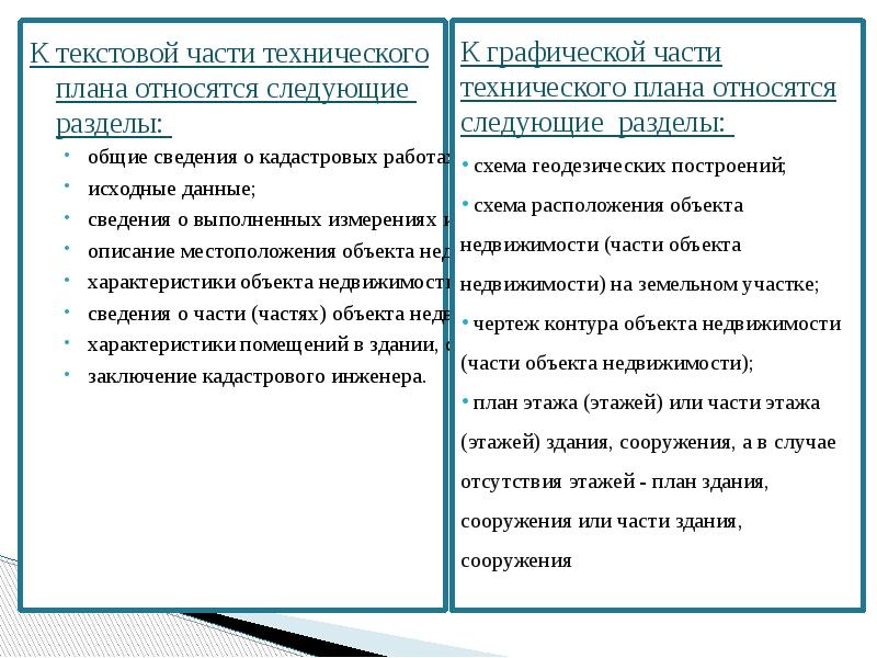 Разделы текстовой части технического плана