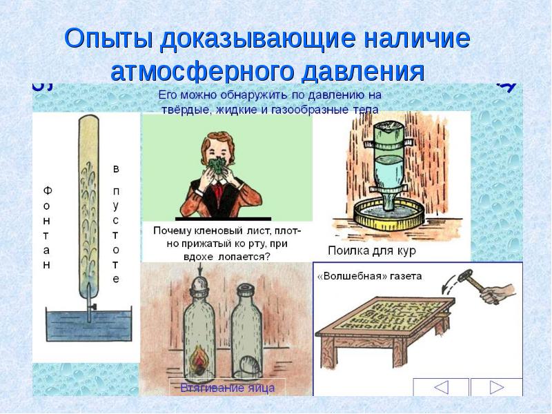 Опишите или нарисуйте опыт или явление в котором проявляется действие атмосферного давления