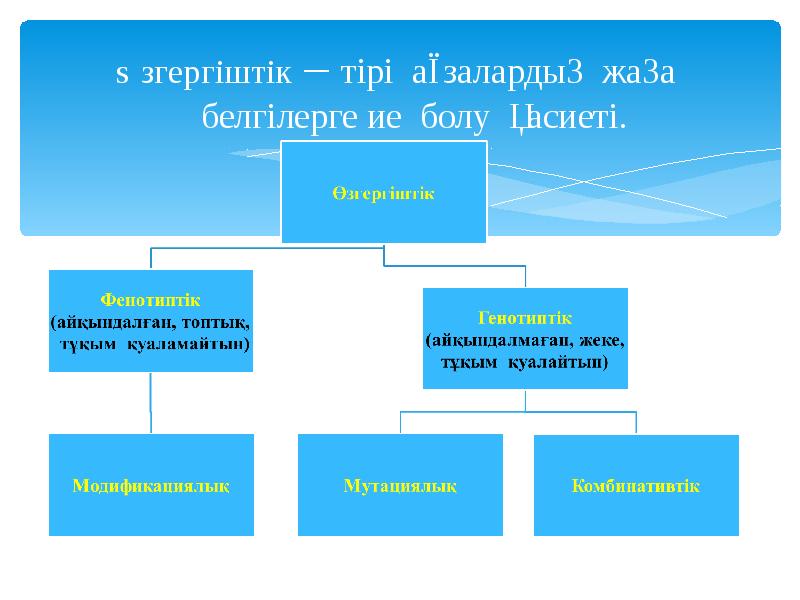 Өзгергіштік – тірі ағзалардың жаңа белгілерге ие болу қасиеті. Өзгергіштік – тірі ағзалардың жаңа белгілерге ие болу қасиеті.