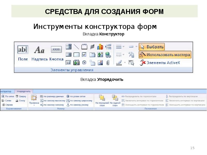 Назначение форм. Формы построения презентаций. Вкладка конструктор. Элементы управления это вкладка. 1. Для чего создаются формы?.