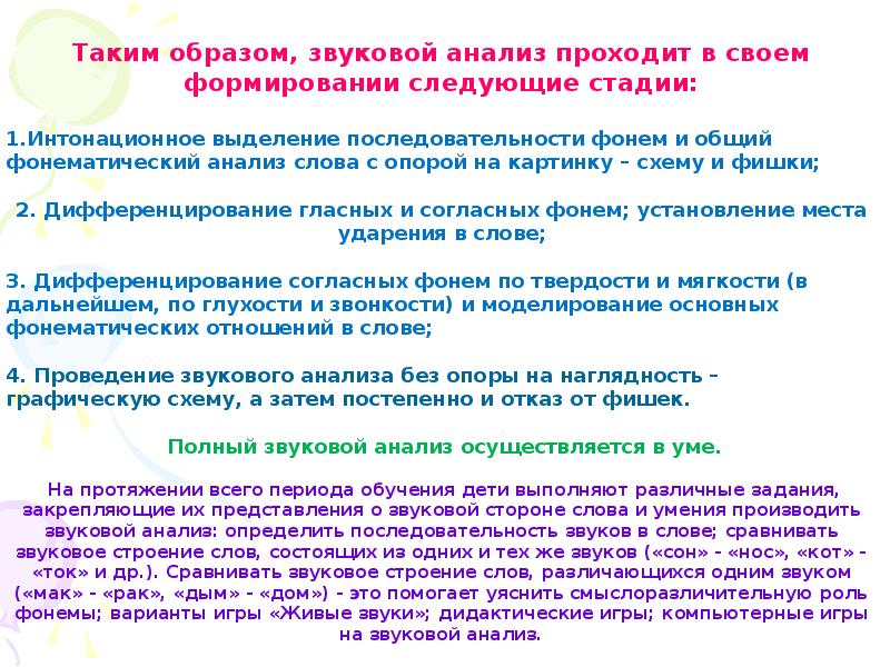 Текст проведения. Этапы ознакомления детей со звуковым строем слова. Звуковые образы. Игры на ознакомление со звуковым строением слов. Ознакомление со строением звуковых лов этапы.