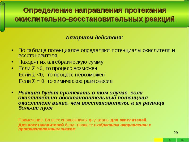 Алгоритм действия: Алгоритм действия:  По таблице потенциалов определяют потенциалы окислителя