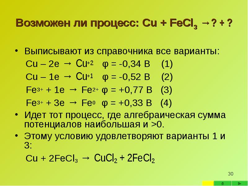 Возможен ли процесс: Cu + FeCl3 →? + ? Выписывают из