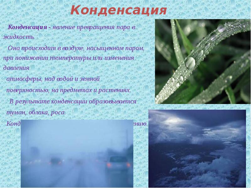 Конденсация. Конденсация воды. Конденсация водяного пара в природе. Явление конденсации.