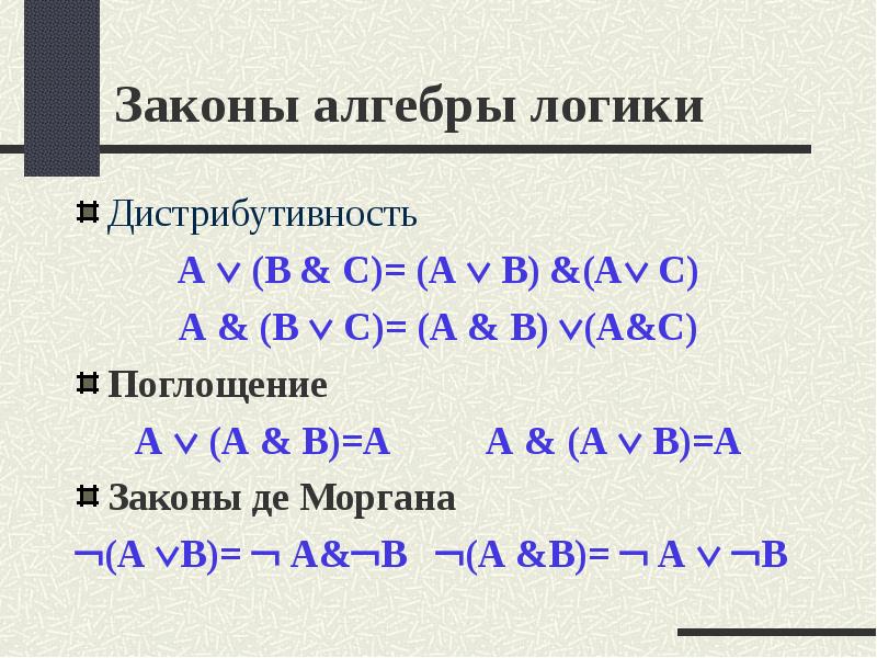 Законы алгебры логики Дистрибутивность А  (В & С)= (А 