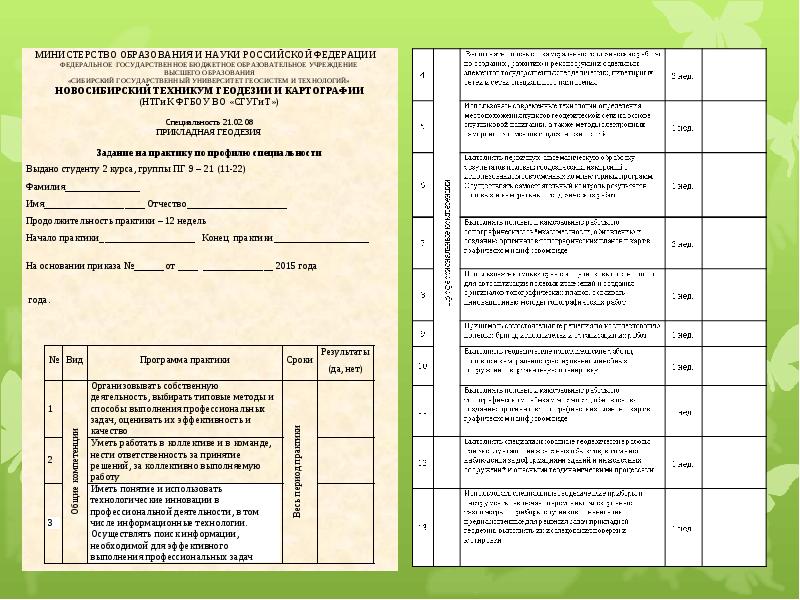 Образец заполнения практики студента