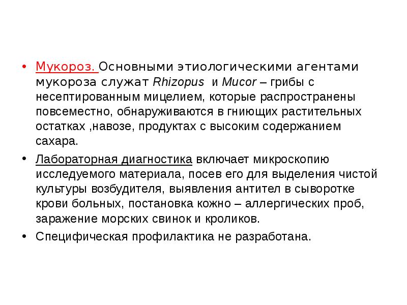 Мукороз. Основными этиологическими агентами мукороза служат Rhizopus и Mucor – грибы