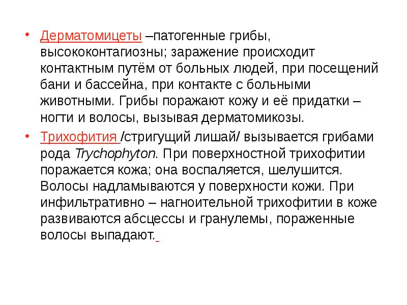 Дерматомицеты –патогенные грибы, высококонтагиозны; заражение происходит контактным путём от больных людей,