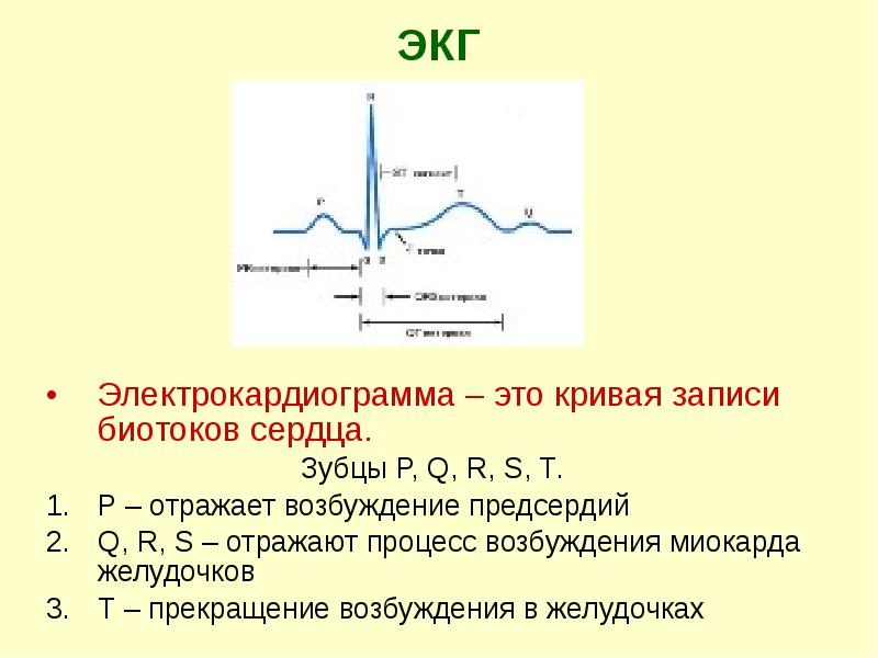 ЭКГ
Электрокардиограмма – это кривая записи биотоков сердца.
Зубцы Р, Q, ЭКГ
Электрокардиограмма – это кривая записи биотоков сердца.
Зубцы Р, Q,