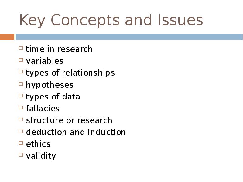 Key Concepts and Issues
time in research
variables
types of relationships
Key Concepts and Issues
time in research
variables
types of relationships