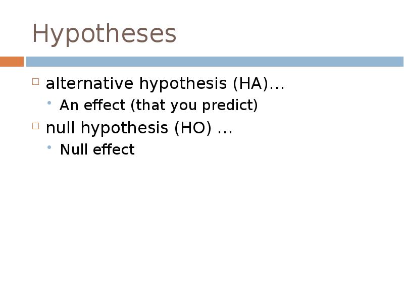 Hypotheses
alternative hypothesis (HA)…
An effect (that you predict)
null hypothesis Hypotheses
alternative hypothesis (HA)…
An effect (that you predict)
null hypothesis