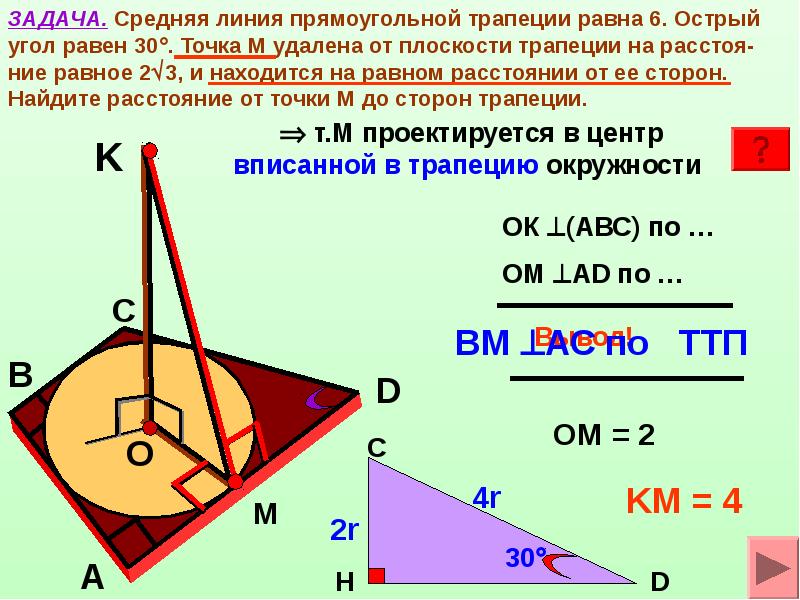 Перпендикуляр от точки до плоскости. Теорема о трех перпендикулярах задачи. Средняя линия прямоугольной трапеции равна 6. Средняя линия прямоуг трапеции. Точка равноудалена от сторон трапеции.