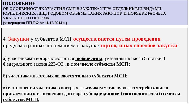 Особенности участия субъектов малого предпринимательства. Закупки у субъектов МСП. Существующие разновидности закупок у субъектов МСП. Перечень тру для СМП по 223 ФЗ.