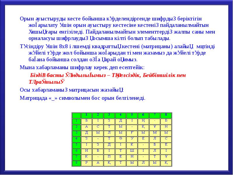 Орын ауыстыруды кесте бойынша күрделендіргенде шифрдың беріктігін жоғарылату үшін орын ауыстыру Орын ауыстыруды кесте бойынша күрделендіргенде шифрдың беріктігін жоғарылату үшін орын ауыстыру