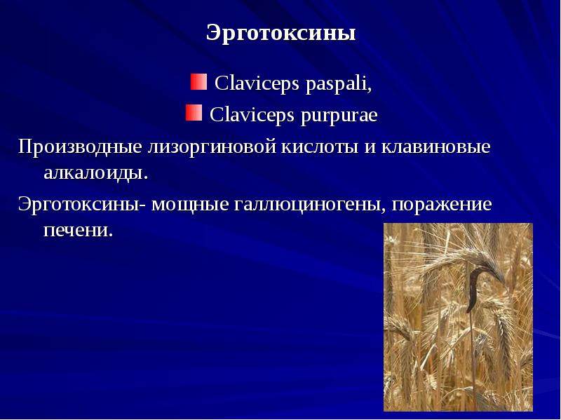 Эрготоксины
Claviceps paspali,
Claviceps purpurae
Производные лизоргиновой кислоты и клавиновые алкалоиды.
Эрготоксины
Claviceps paspali,
Claviceps purpurae
Производные лизоргиновой кислоты и клавиновые алкалоиды.