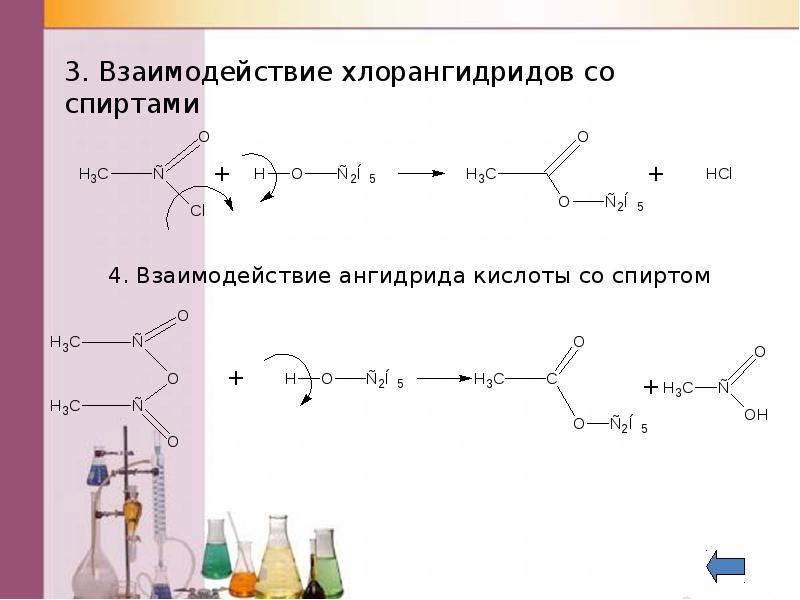 Реакция взаимодействия уксусной кислоты с этанолом. Хлорангидриды карбоновых кислот со спиртами. Реакция ангидридов карбоновых кислот со спиртами.