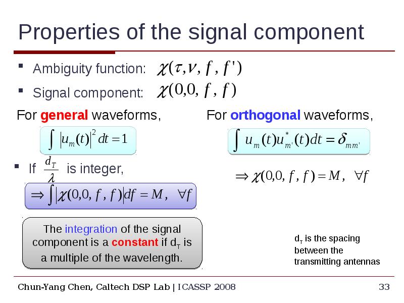 Properties of the signal component Ambiguity function: Signal component: