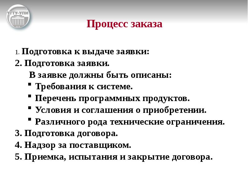 Описаны требования. Перечень программных продуктов. Подготовка заказов. К выдаче подготовлены.