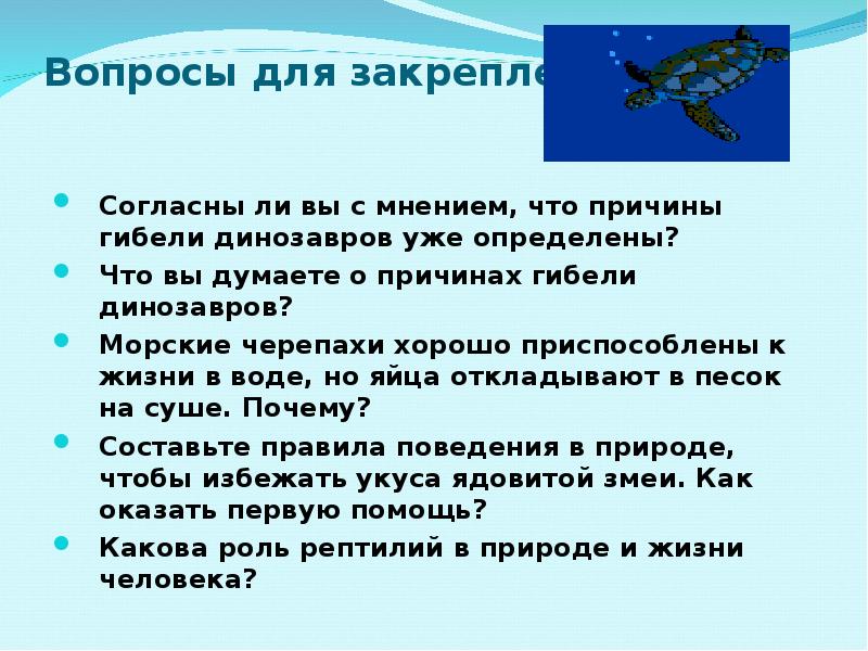 Вопросы по рептилиям. Роль рептилий. Согласны ли вы с мнением что причины гибели динозавров уже определены. В чем причина многообразия пресмыкающихся.