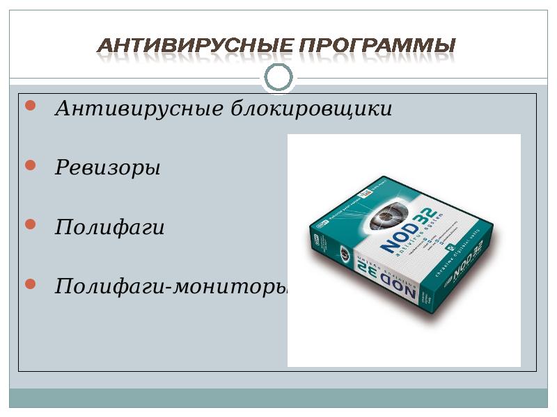 Антивирусные блокировщики Антивирусные блокировщики Ревизоры Полифаги Полифаги-мониторы