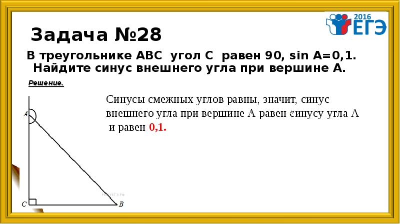 Найти синус внешнего угла при вершине