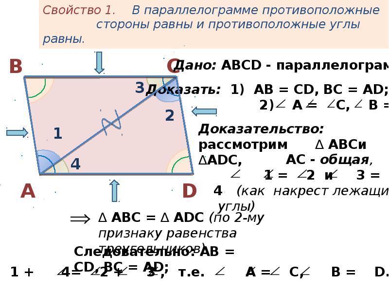 В любом параллелограмме диагонали равны. Признак параллелограмма с равными диагоналями. Противоположные стороны параллелограмма равны. Свойства параллелограмма 8 класс геометрия с доказательством. Противоположные стороны равны и противоположные углы равны.