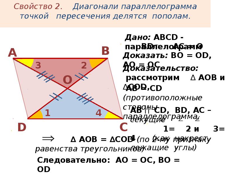 2 диагонали точкой пересечения делятся. Свойства пересечения диагоналей в параллелограмме. Свойства параллелограмма диагонали параллелограмма. Доказать свойство диагоналей параллелограмма 8 класс. Диагонали параллелограмма точкой пересечения делятся.