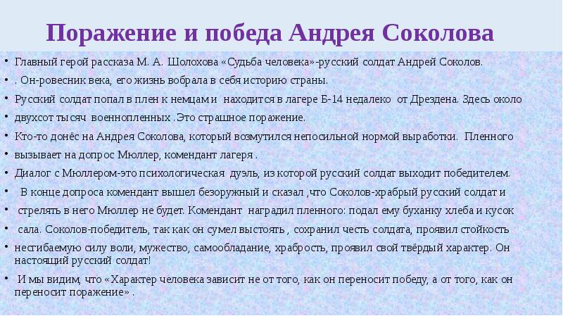 Сочинение по рассказу шолохова судьба человека 9 класс по плану