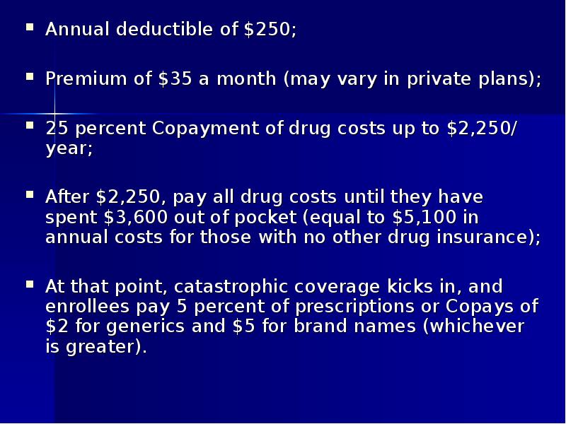 Annual deductible of $250; Annual deductible of $250; Premium of $35