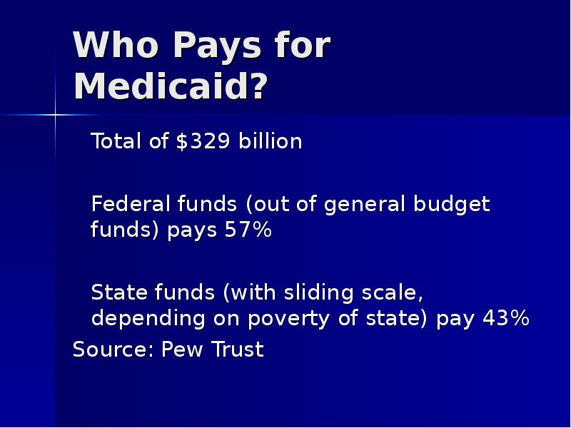 Who Pays for Medicaid? 	Total of $329 billion	 	Federal funds (out