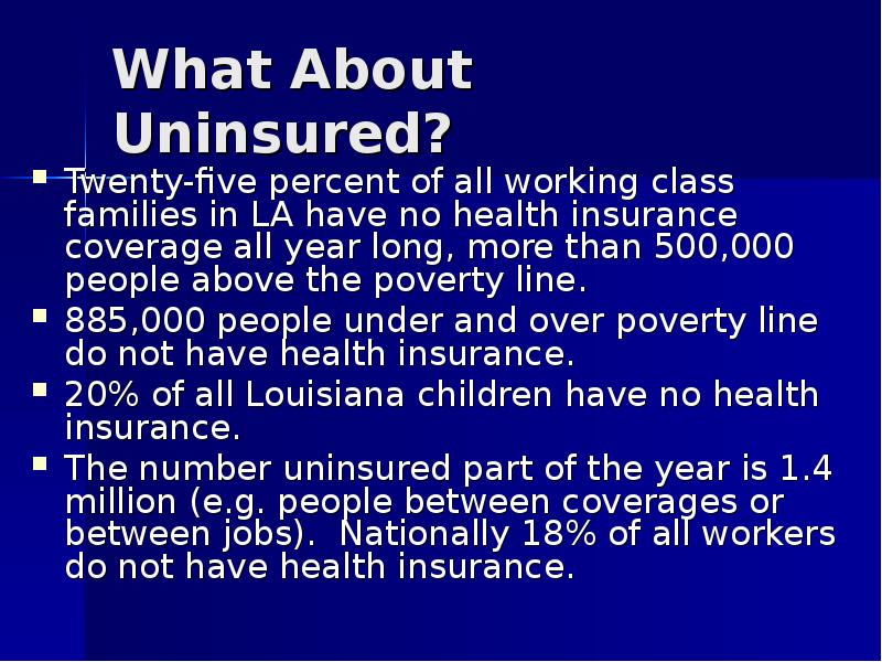 What About Uninsured? Twenty-five percent of all working class families in