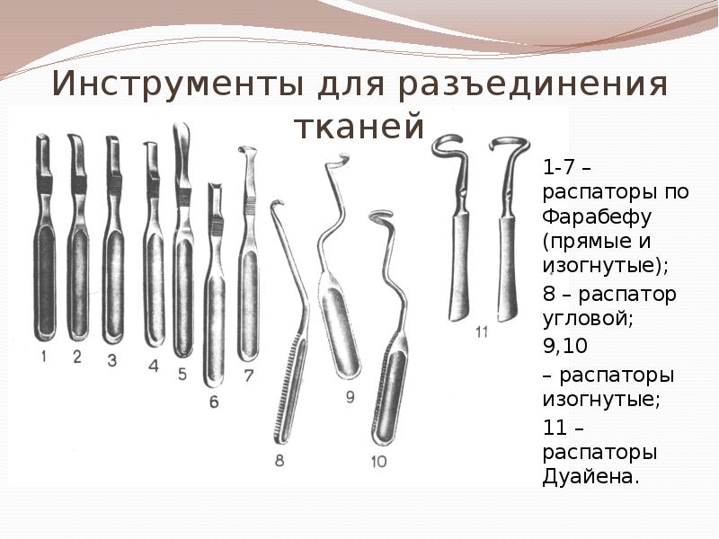 Инструменты для разъединения тканей
1-7 – распаторы по Фарабефу (прямые и Инструменты для разъединения тканей
1-7 – распаторы по Фарабефу (прямые и