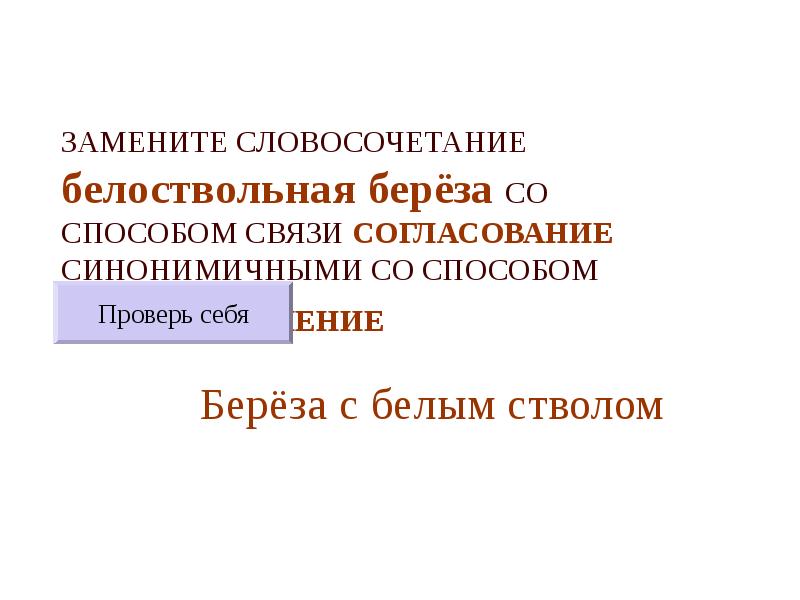 ЗАМЕНИТЕ СЛОВОСОЧЕТАНИЕ  белоствольная берёза СО СПОСОБОМ СВЯЗИ СОГЛАСОВАНИЕ СИНОНИМИЧНЫМИ СО