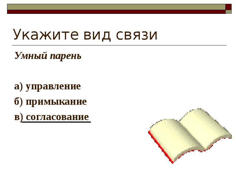 Укажите вид связи Умный парень  а) управление б) примыкание в)